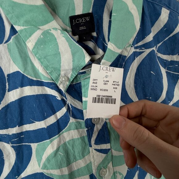 NWT J Crew Men Large Blue Geometric Beach Theme Short Sleeve Button Up Shirt - Picture 8 of 14